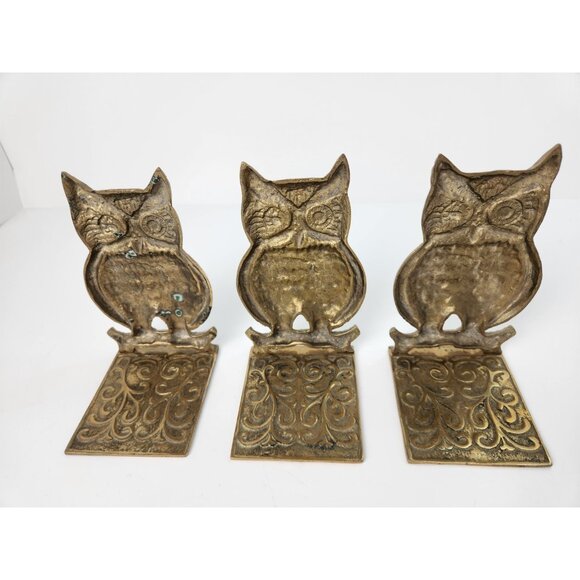 Vintage Brass Style Metal MCM Owl Bookends Three Gold Tone Boho Hippie Korea - Picture 3 of 16